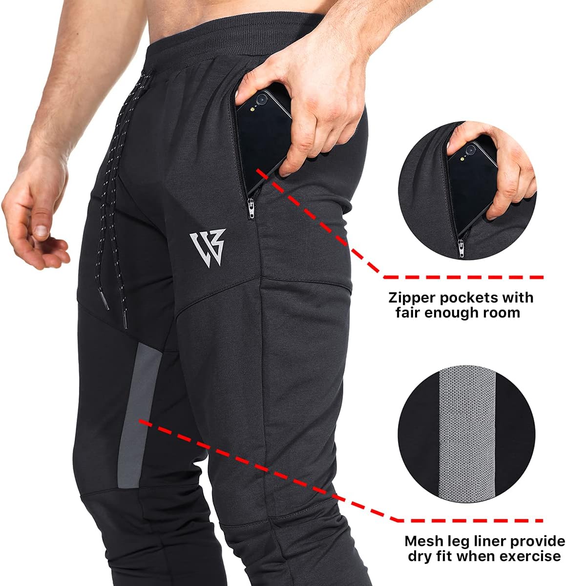 Detalle 2 de ZENWILL Men’s Workout Sweatpants, Cotton Blend, Tapered Fit, Zip Pockets