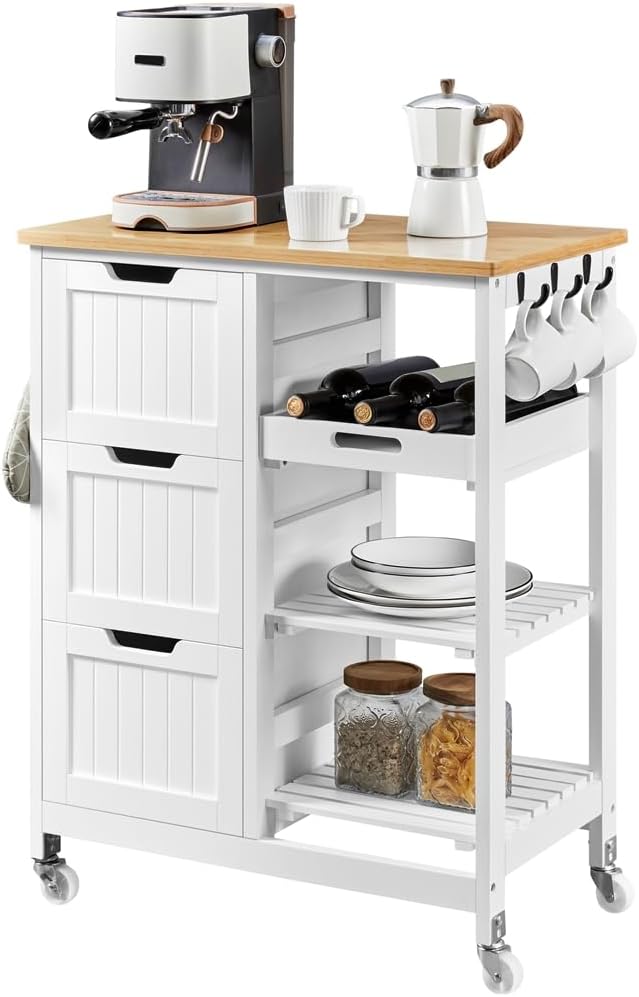 Yaheetech Carrello Cucina con Ruote 3 Cassetti e 3 Ripiani in Legno — Salvaspazio, Bianco, 67×37×84,5 cm
