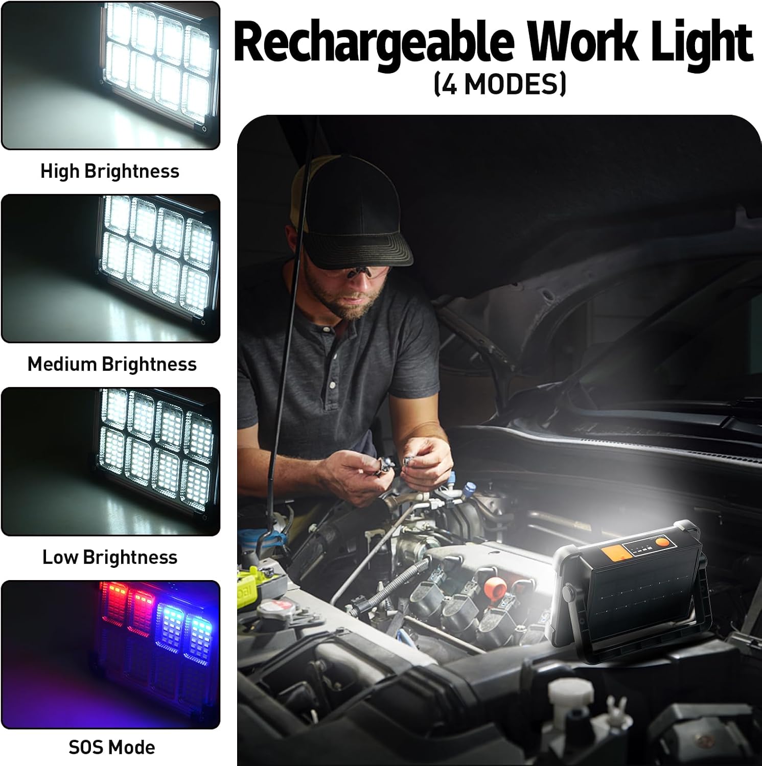 Detalle 2 de LED Rechargeable Work Light (2 Pack) — Portable Floodlight with Power Bank, 6000 Lumen, 4 Modes
