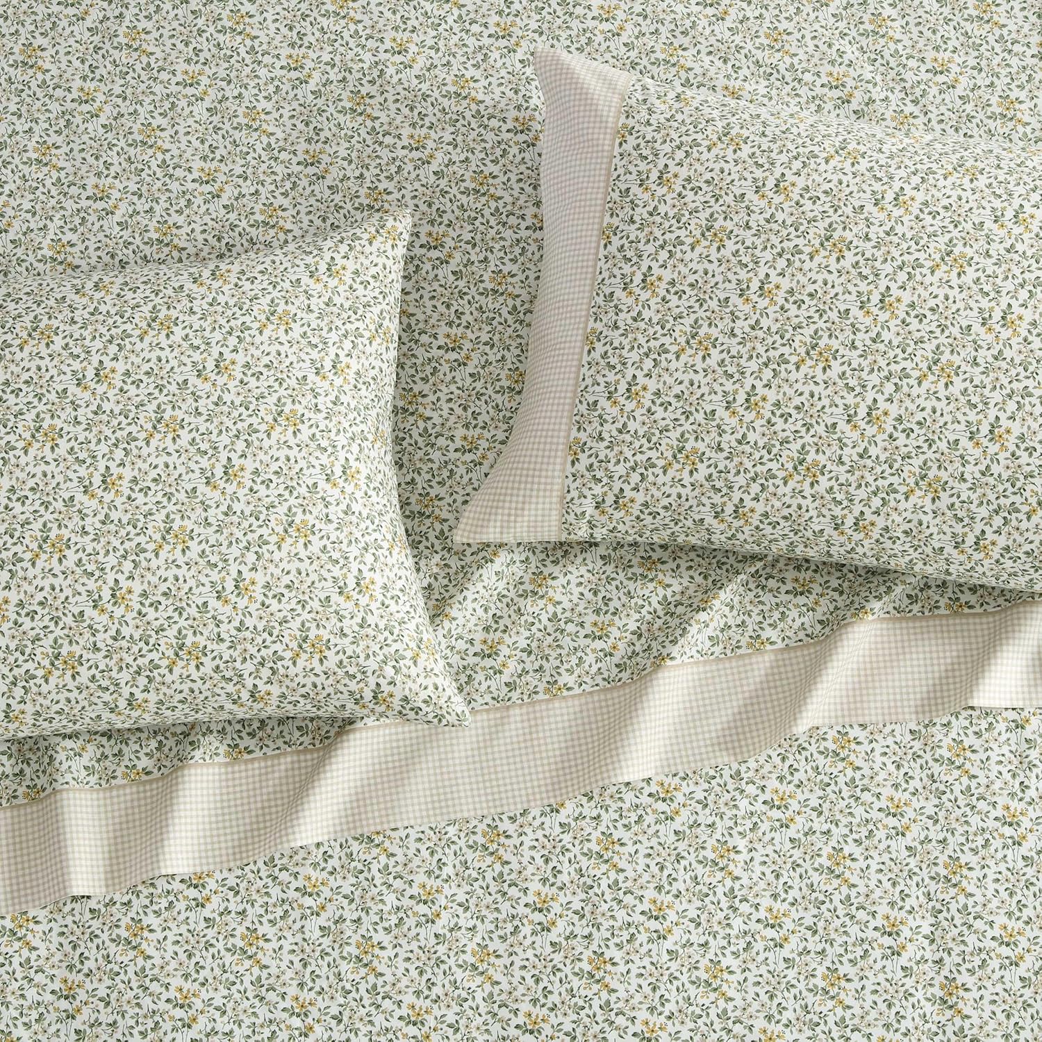 Thumbnail 2 de Laura Ashley Queen Size Sheet Set: Crisp Cotton Percale with Floral-Gingham Details (Tierney Green)