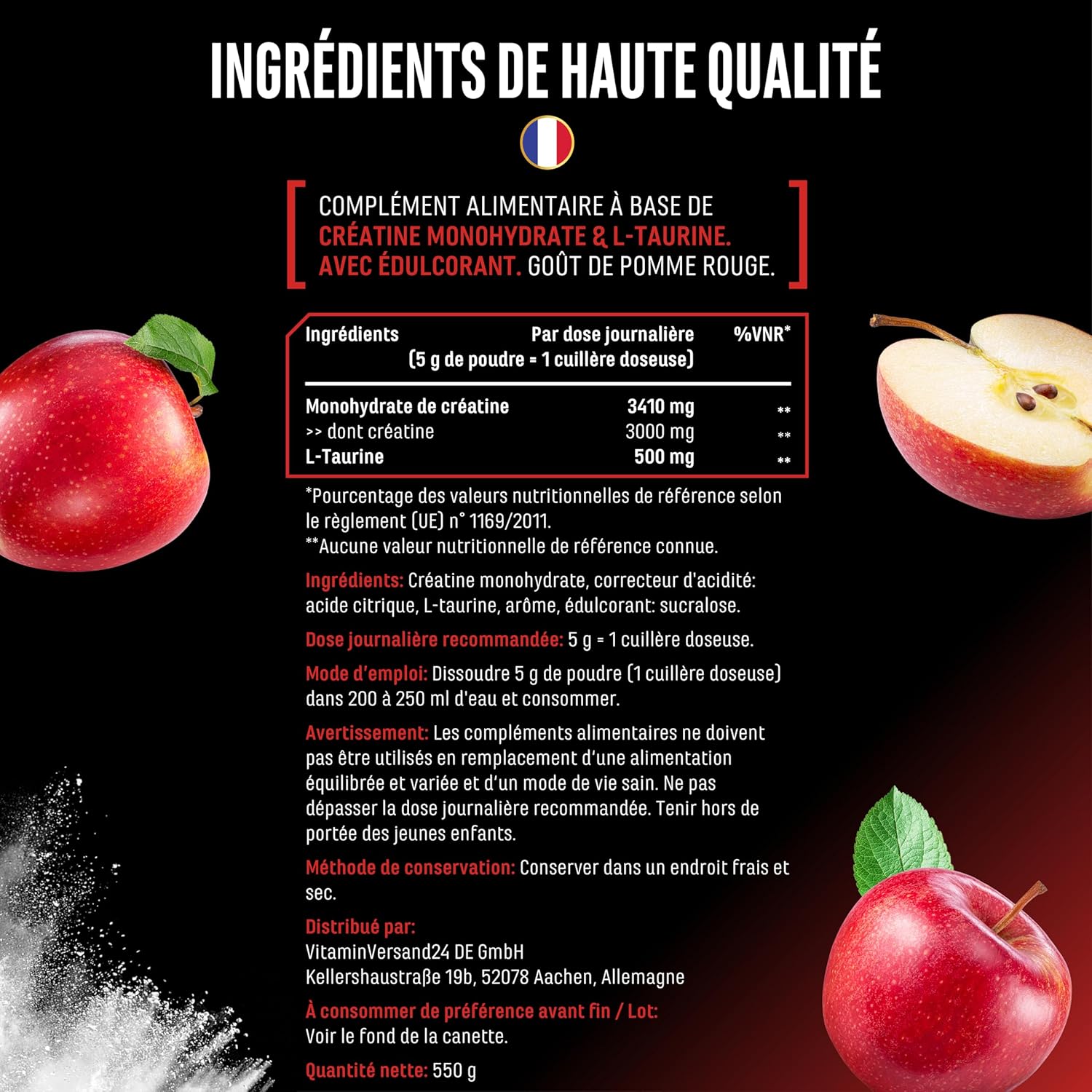 Thumbnail 4 de Flavoured Creatine poudre 550 g – créatine mono hydratée aromatisée avec Taurine, vegan, sans sucre et soluble