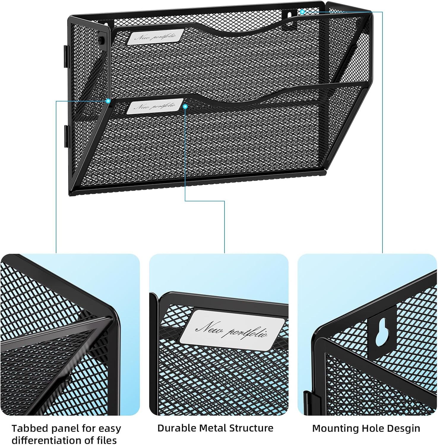 Detalle de Marbrasse 2 tier - Black Wall File Holder, 2-Tier Metal Mesh Organizer
