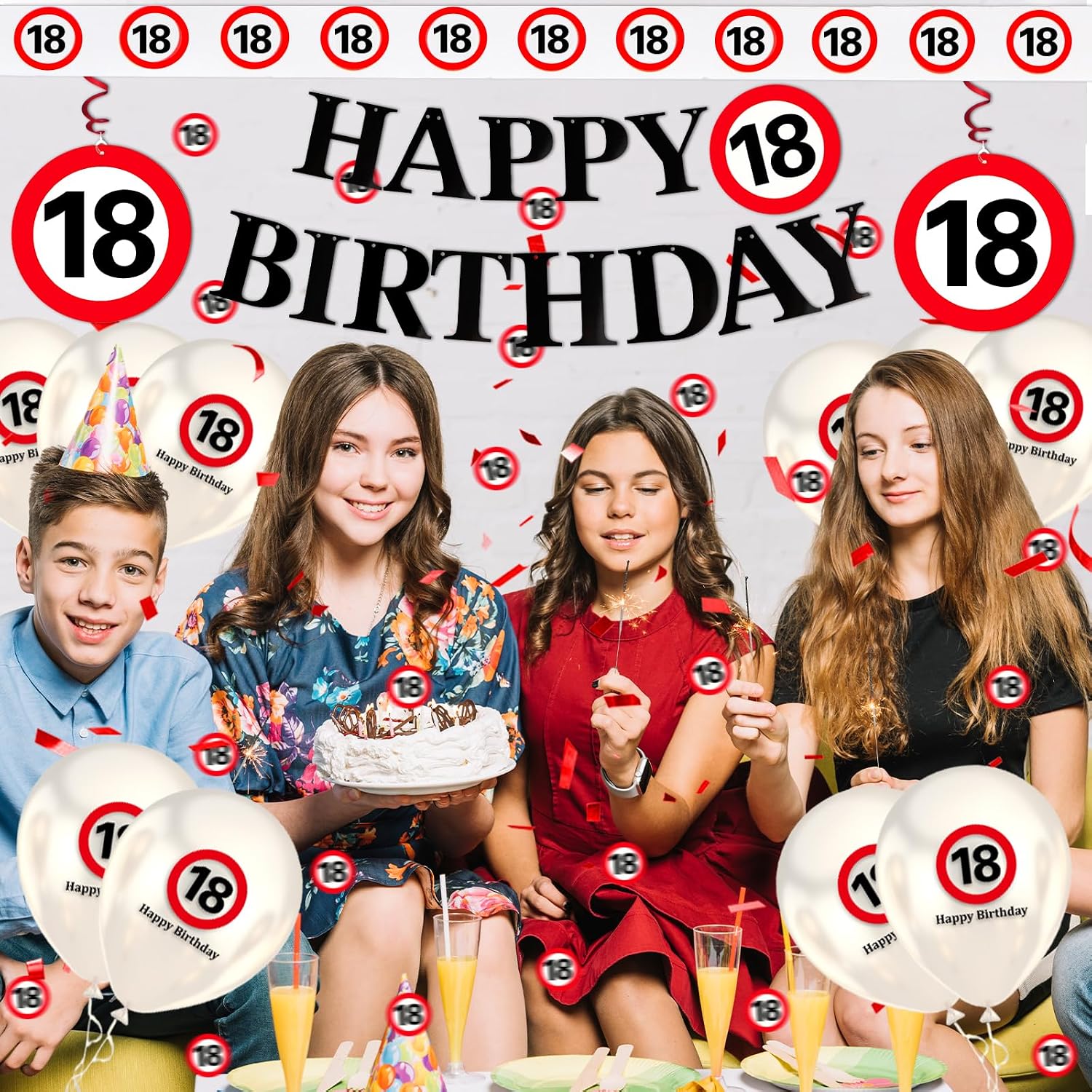 Detalle de WenmthG 18. Geburtstag Deko-Set mit Banner, Verkehrszeichen, Luftballons, Konfetti und Absperrband