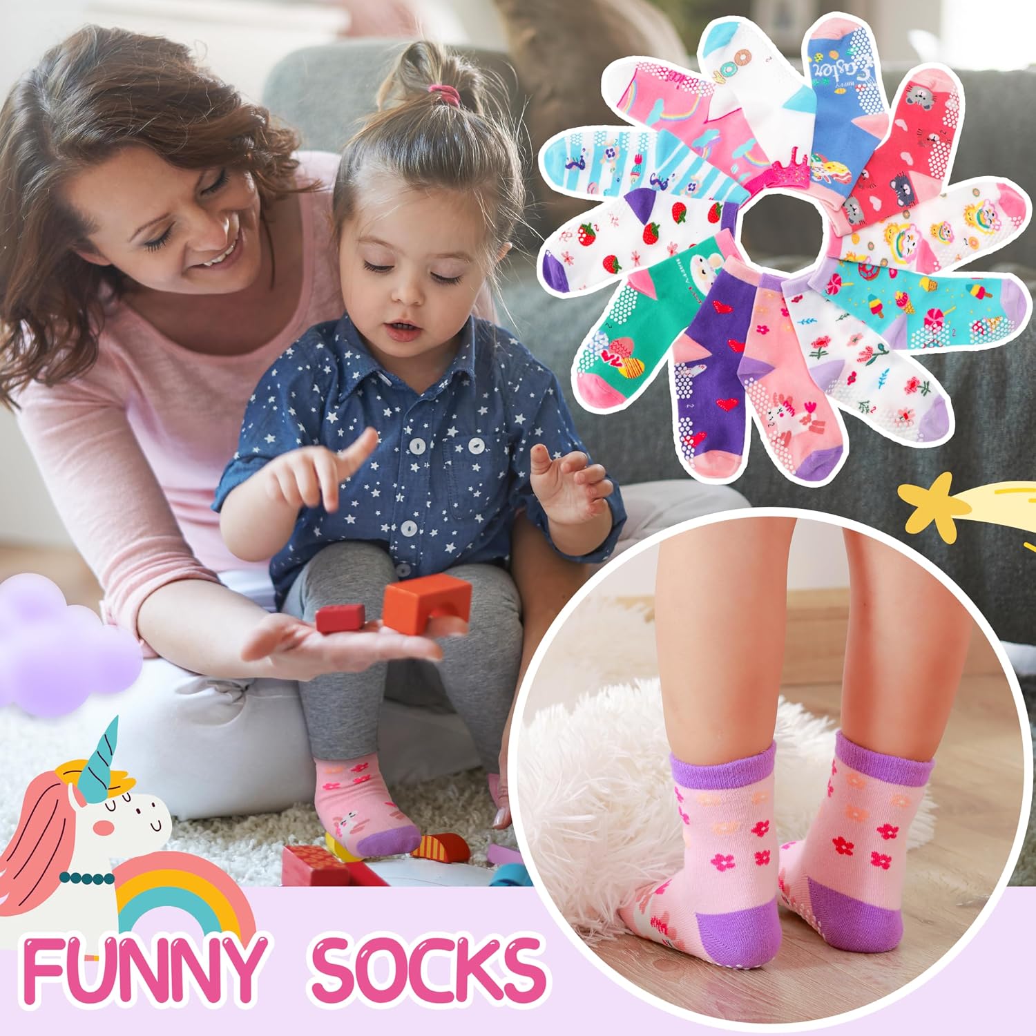 Detalle de Welwoos 12-Pair Baby and Toddler Grip Socks, Cotton Crew with Animal Prints