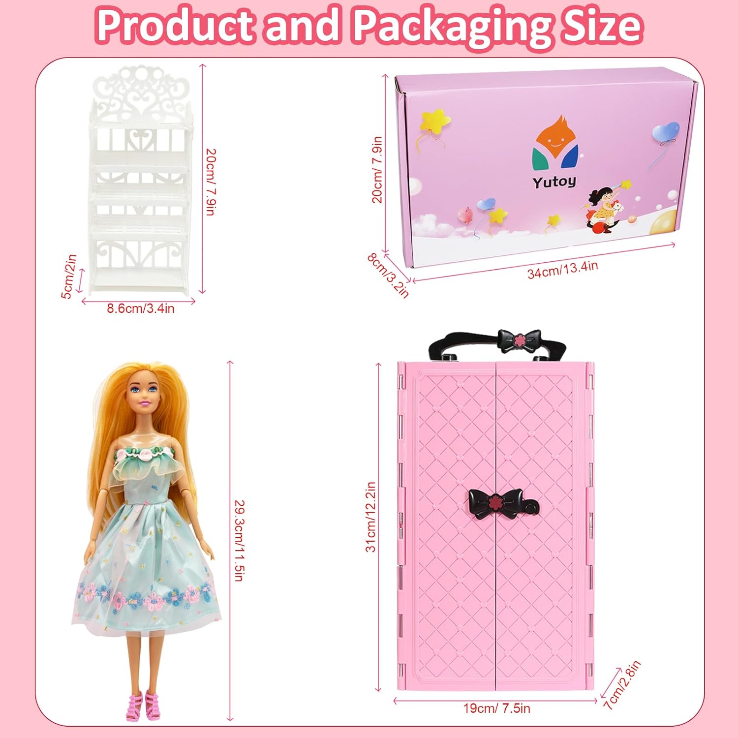 Thumbnail 2 de Yutoy 122-teiliges Puppen-Kleiderschrank-Set mit 11,5-Zoll-Puppe (rosa)