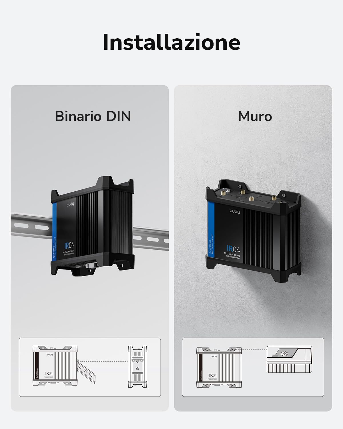 Thumbnail 6 de Cudy IR04 Router Wi‑Fi industriale 4G LTE N300 Cat 4 con doppia SIM e PoE (RS232/422/485, IP30)