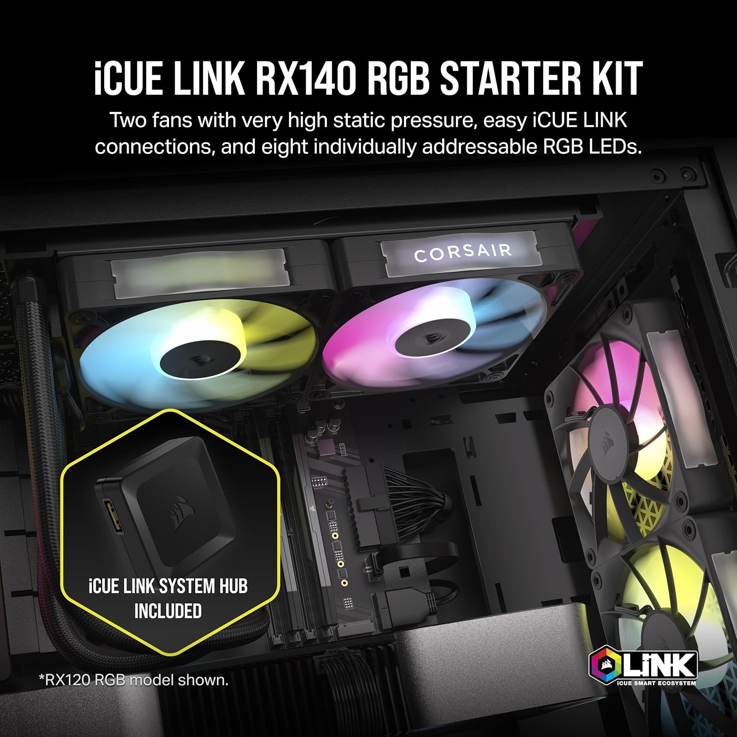 Detalle de CORSAIR iCUE LINK RX140 RGB 140mm PWM-Lüfter – Dual Pack, Schwarz