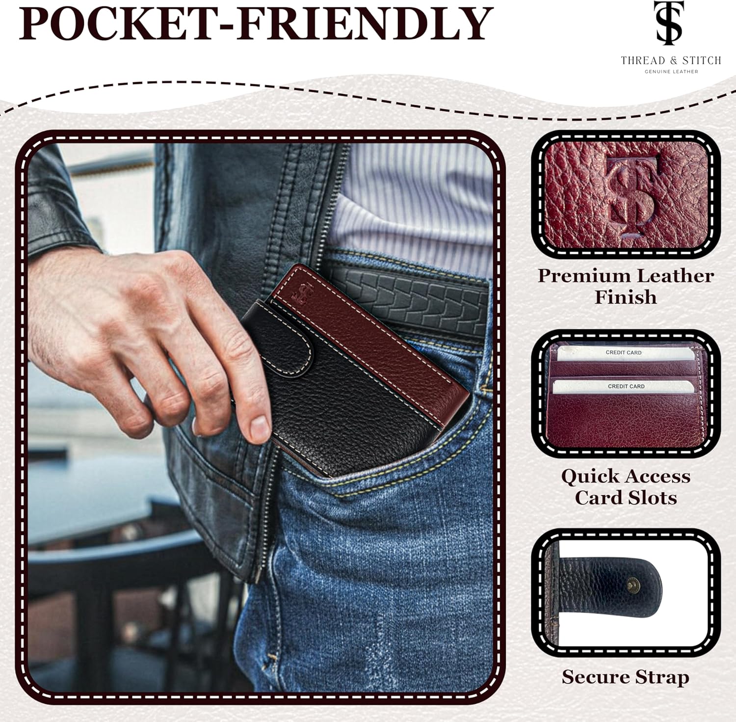 Detalle 2 de Thread & Stitch Genuine Leather Wallet for Men – Bifold with RFID Blocking and 10 Card Slots
