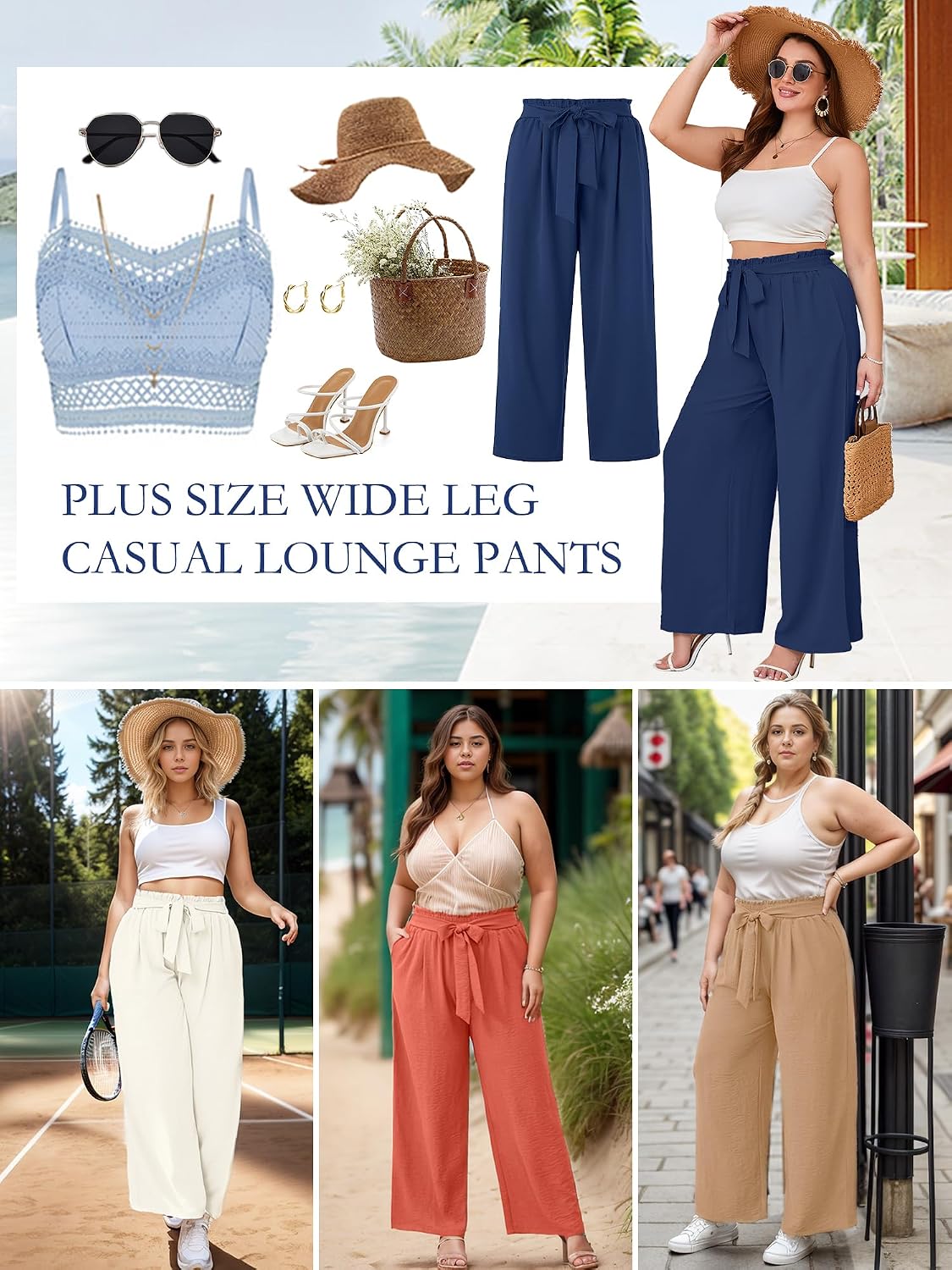 Detalle de AusLook Plus-Size Wide-Leg Palazzo Pants with High Waist, Tie and Pockets