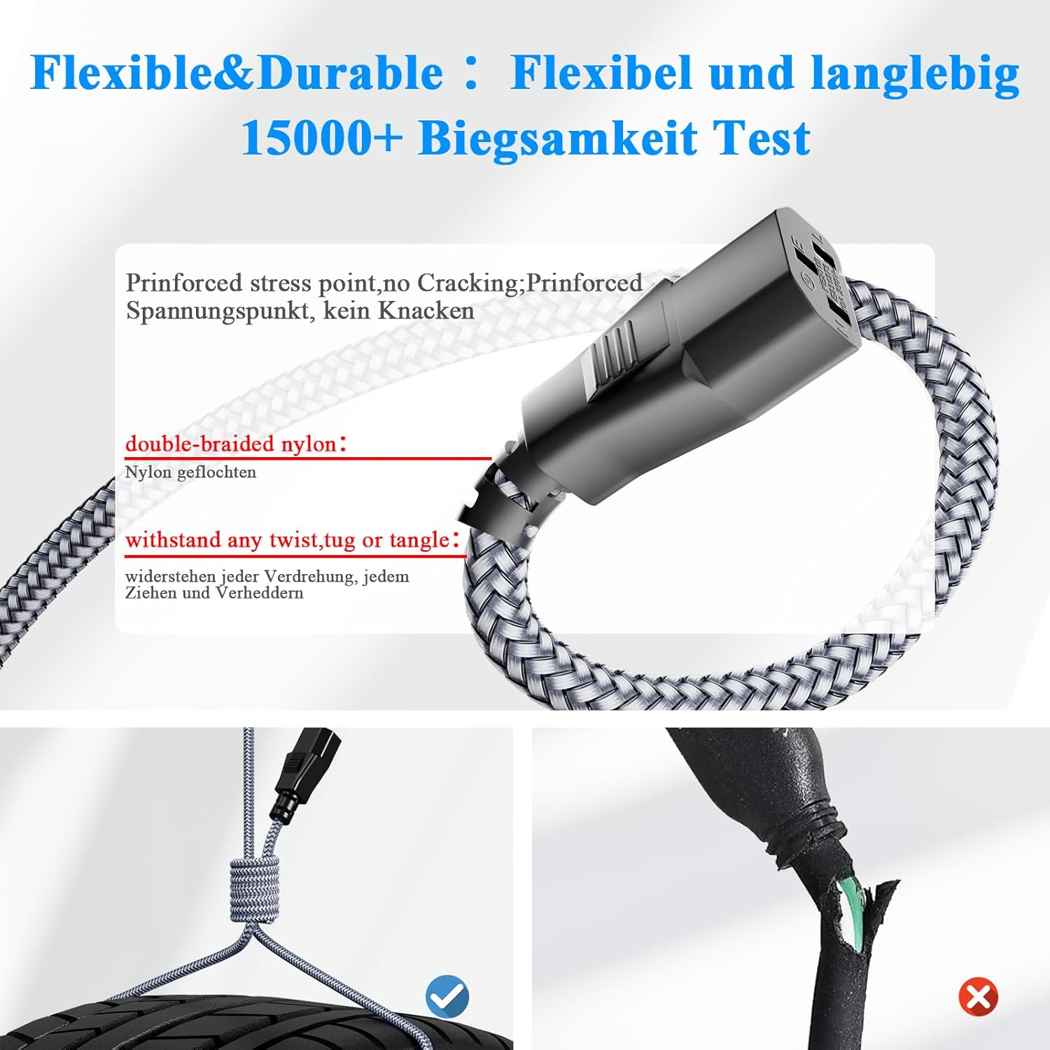 Thumbnail 2 de Netzkabel 3-polig Kaltgerätekabel 0,5 m Nylon-Geflecht, CEE 7/7 auf IEC60320 C13 – VDE-zertifiziert