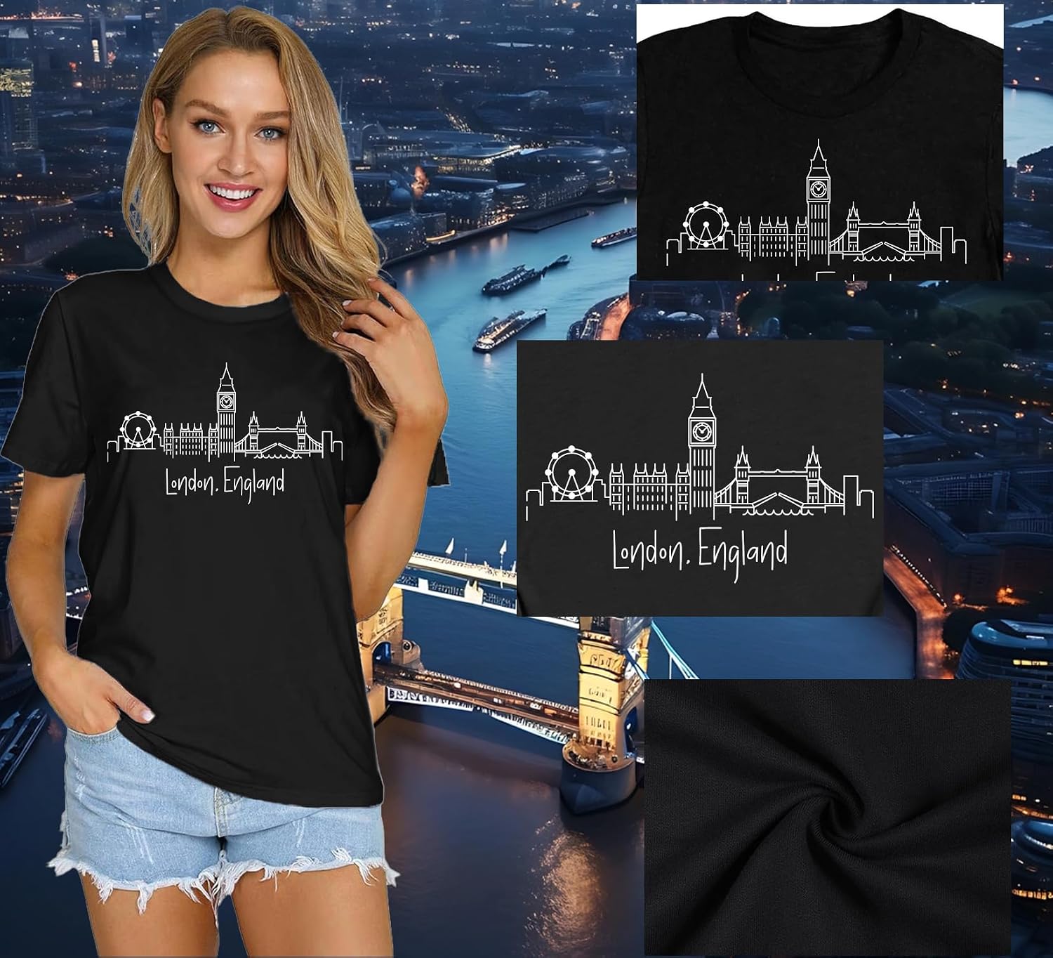 Detalle 2 de Qskall women’s London England T-shirts with London skyline print (crew neck casual tee)