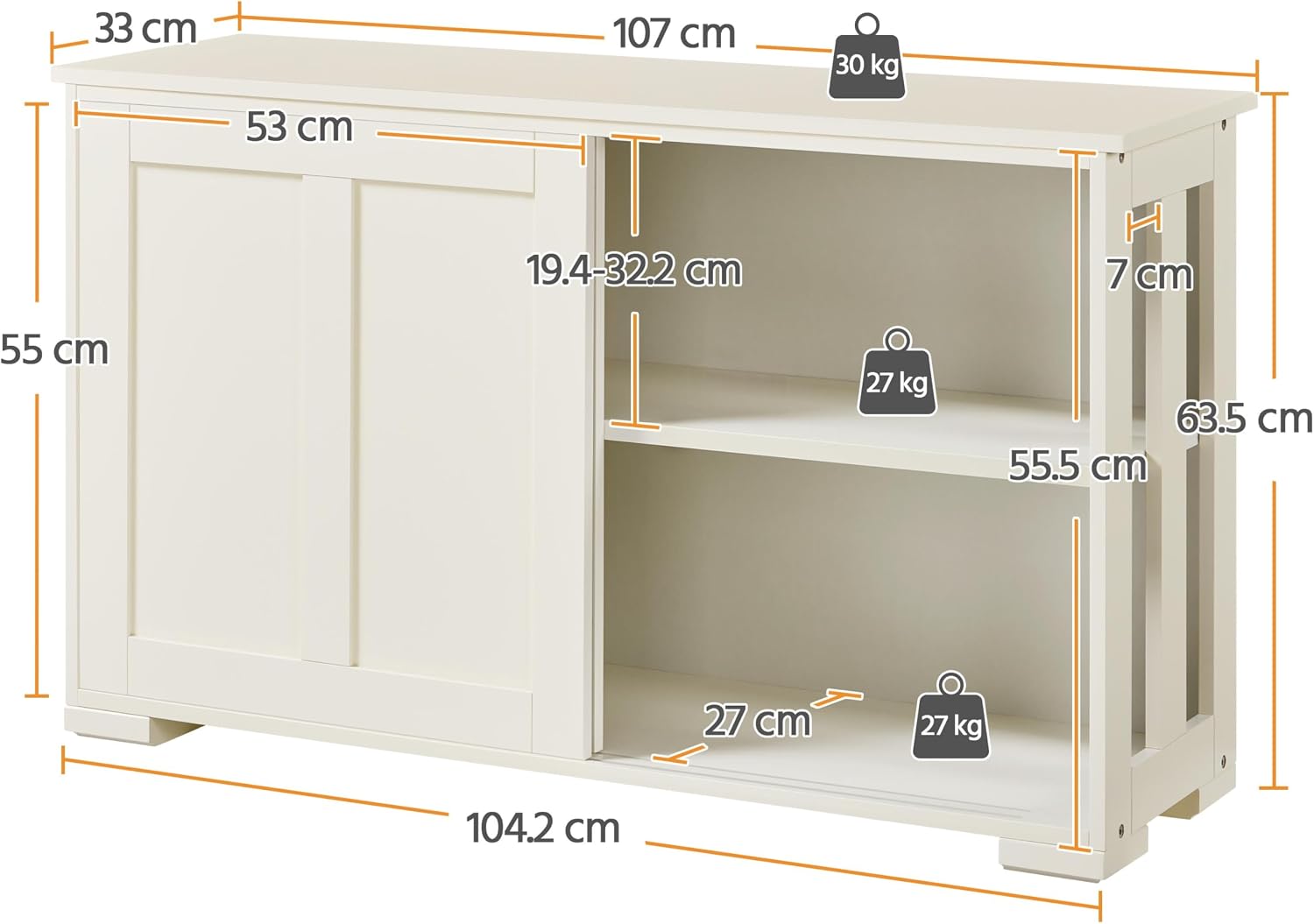 Thumbnail 2 de Yaheetech Credenza da Cucina 106,7x33x63 cm con 2 Ante Scorrevoli • Mobiletto Bianco Avorio