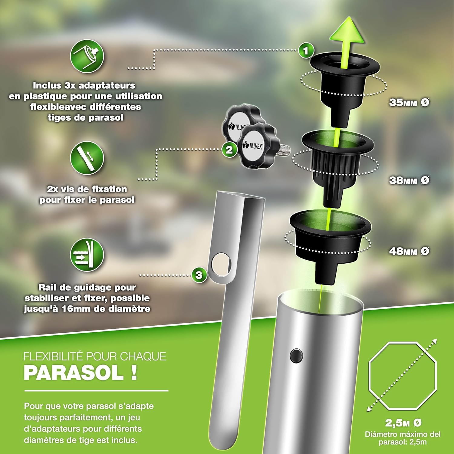 Thumbnail 4 de Pied de parasol tillvex rond en granit de 27 kg avec roulettes et tube en acier inoxydable