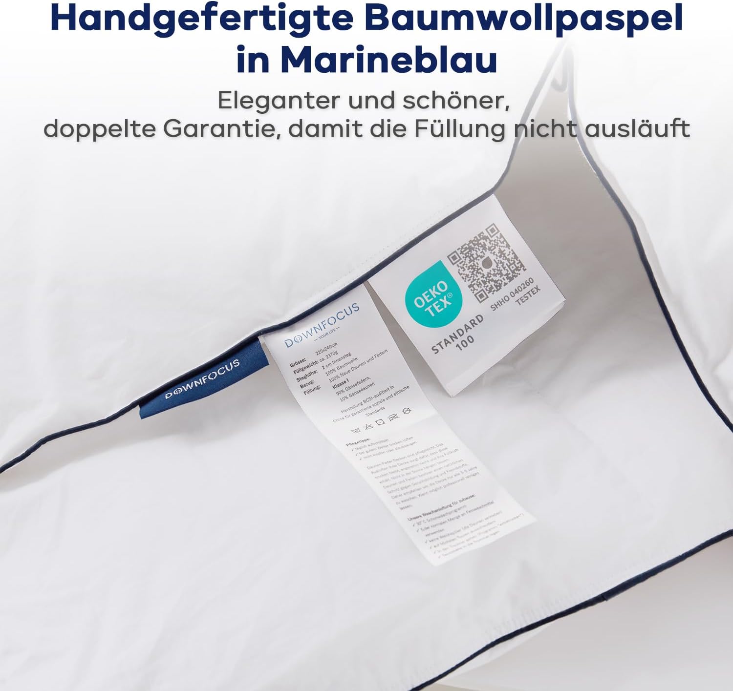 Detalle de DOWNFOCUS Daunendecke Sommerdecke 155x220cm – 100% Baumwolle, Gänsedaunen, ÖKO-TEX & RDS