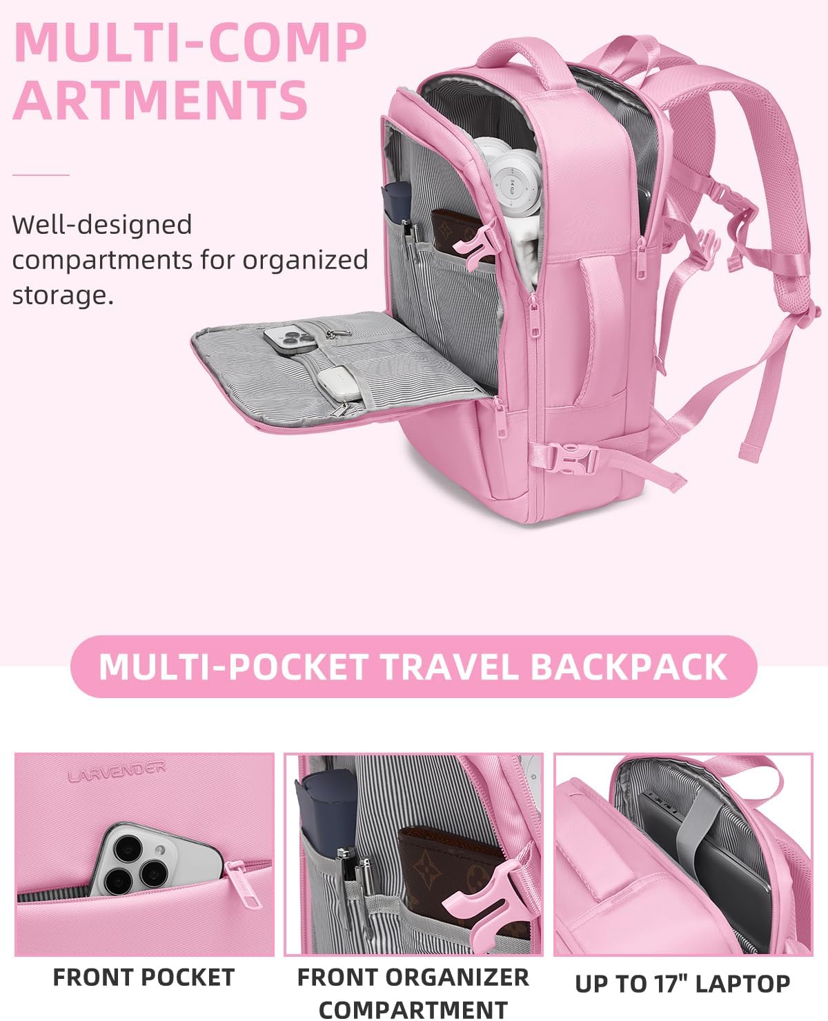 Thumbnail 3 de LARVENDER Carry-on Luggage Expandable 20 Inch Hardside Set with TSA Lock + Large Travel Backpack (Peach Sparkling)
