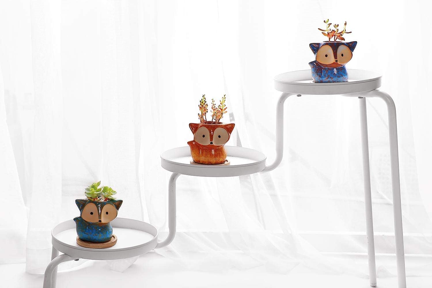 Detalle de T4U Vasetti per Piantine in Ceramica con Vassoio – Set di 3, design volpe per piante grasse da interno