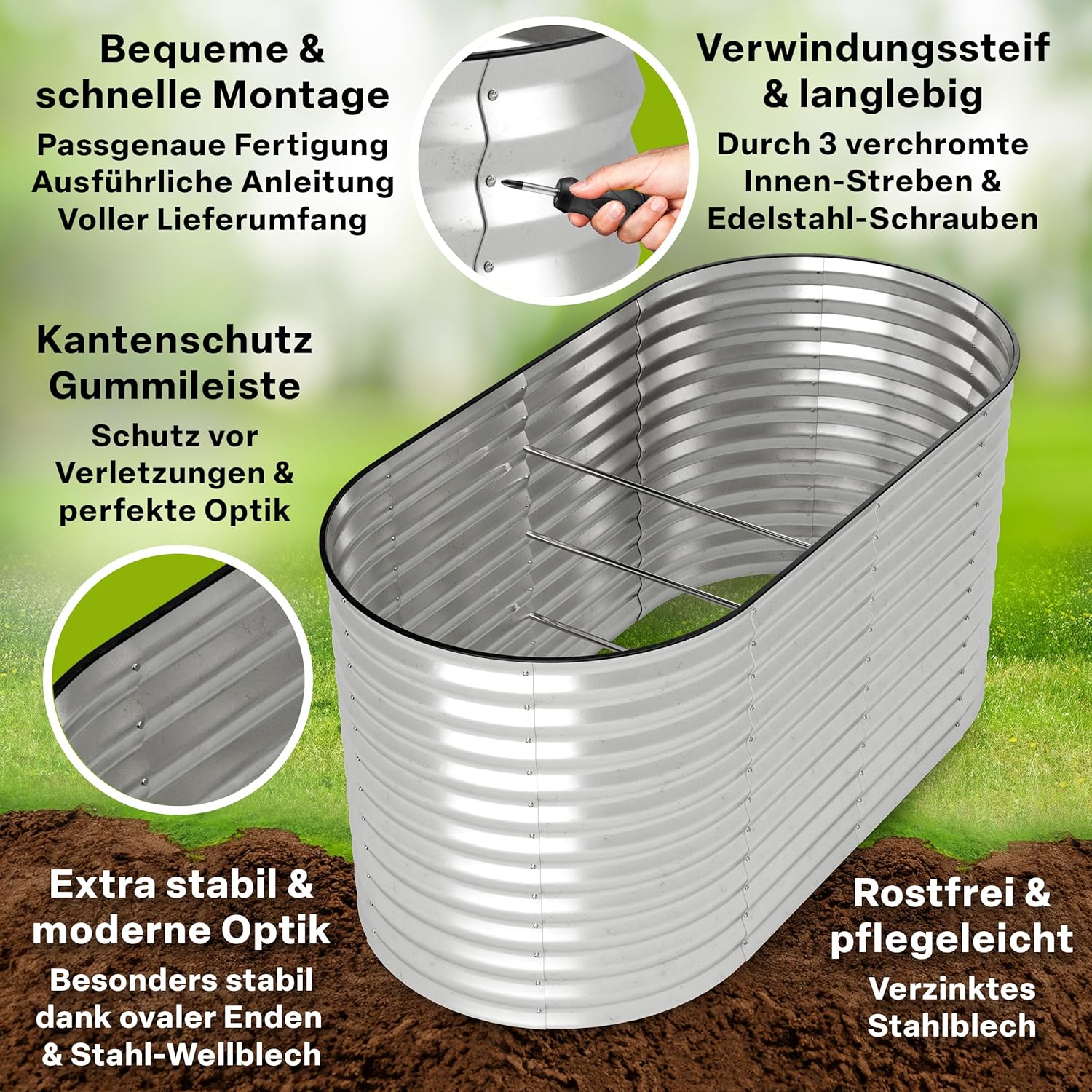 Detalle de TTL GARDEN Spirit M Metall-Hochbeet 160 x 80 x 80 cm (oval), verzinkter Stahl, silber