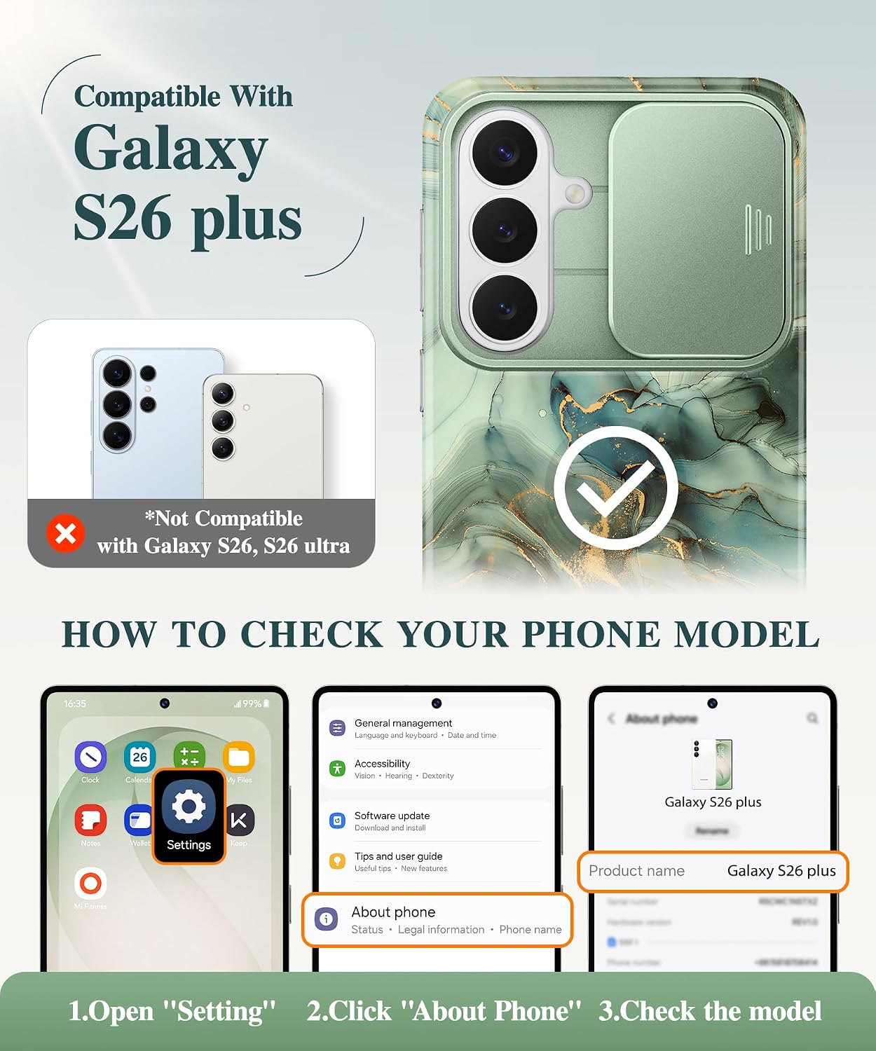 Detalle 2 de GVIEWIN Marble Case for Samsung Galaxy S26 Plus (6.7") with Slide Camera Cover, Front Frames, and HD Screen Protector