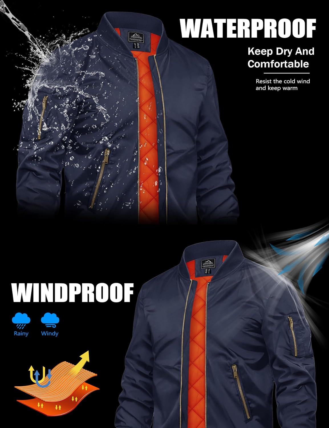 Detalle de TACVASEN Men's Quilted Bomber Jacket, Padded, Windproof and Water-Resistant