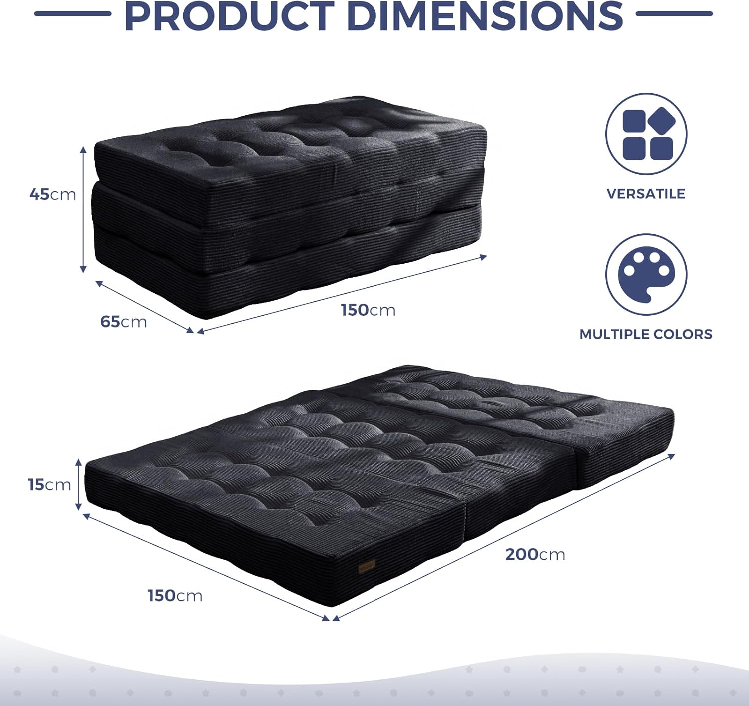 Detalle de MAXYOYO Folding Mattress, Comfy Corduroy Tri-Fold 15cm Foam – Black (UK King)