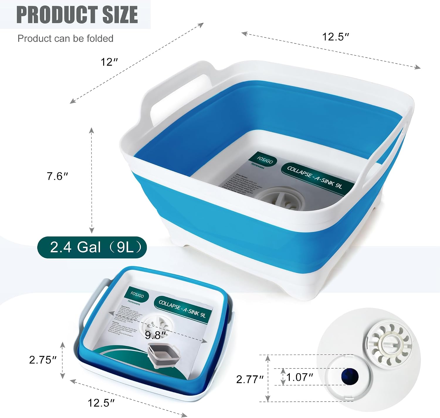 Detalle 2 de FOSJGO Sky Blue Collapsible Dish Basin with Drain Plug, 2.4-Gallon Capacity