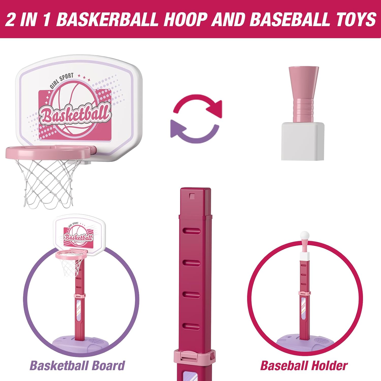 Thumbnail 5 de HYES 2 in 1 Kids Basketball Hoop and T‑Ball Set, Adjustable