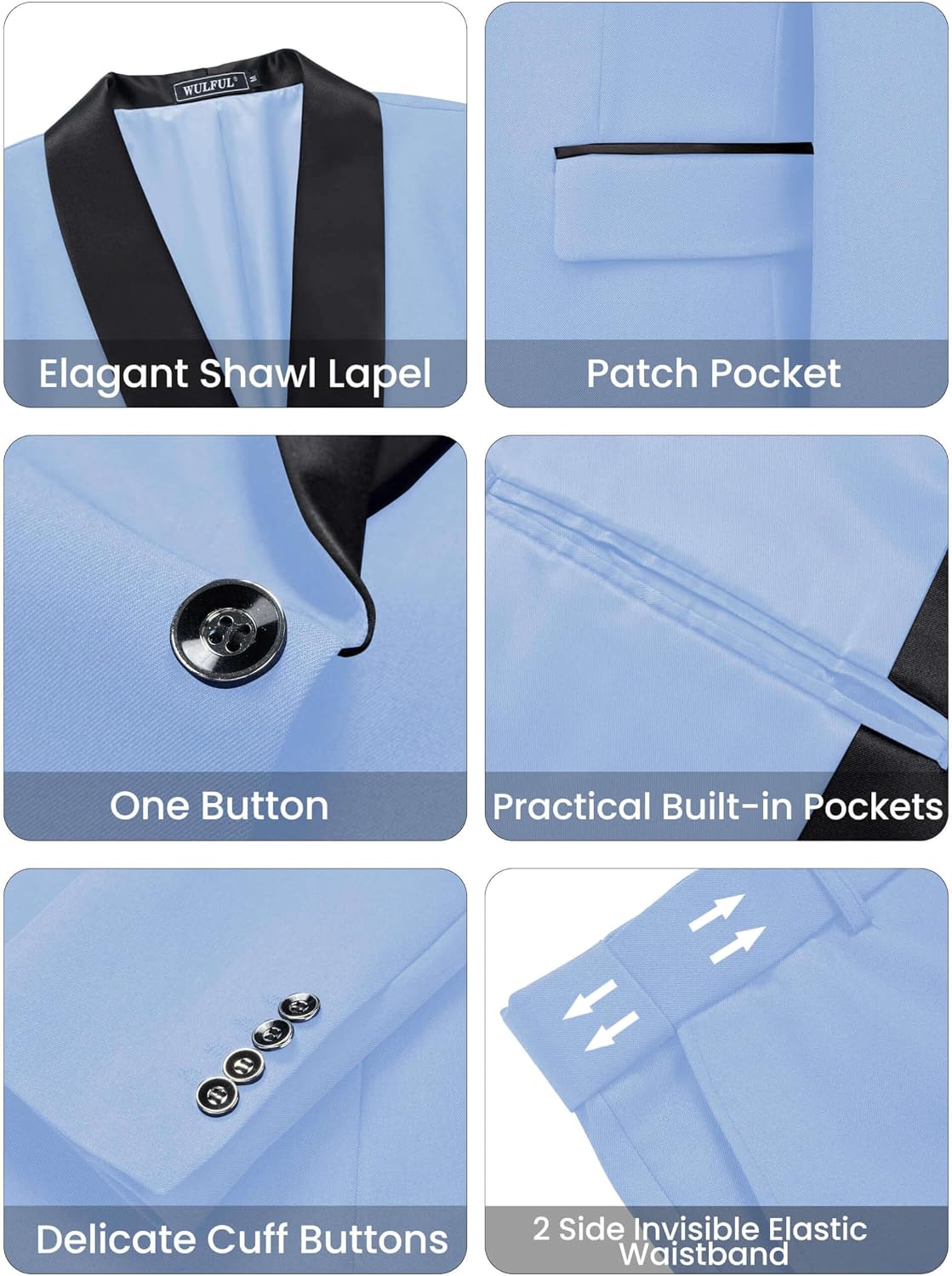 Thumbnail 4 de WULFUL Men's 3 Piece Slim Fit Tuxedo Set: Jacket, Vest & Pants
