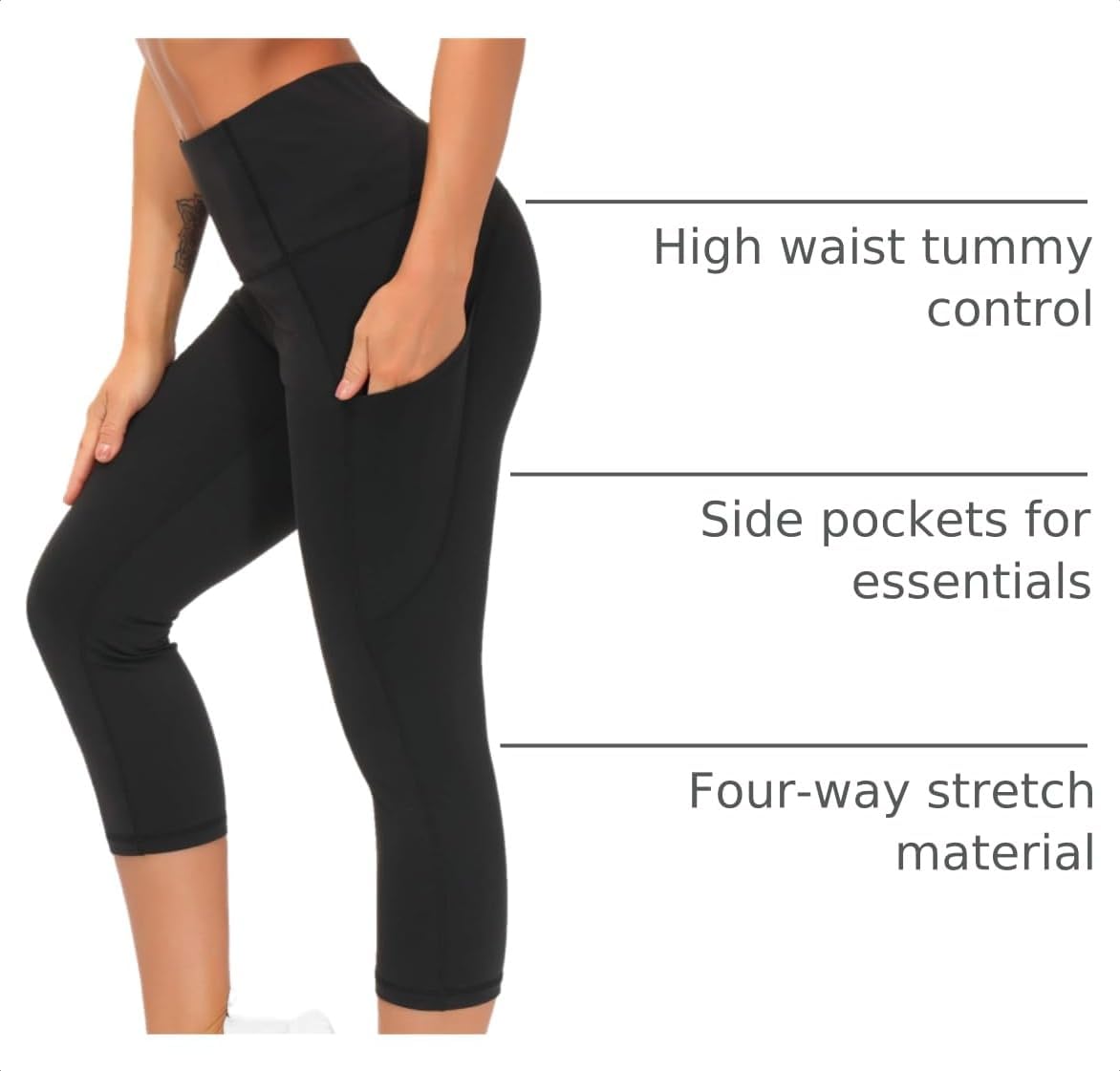 Detalle de THE GYM PEOPLE Thick High Waist Capris Yoga Pants with Pockets (Tummy Control Workout Leggings)