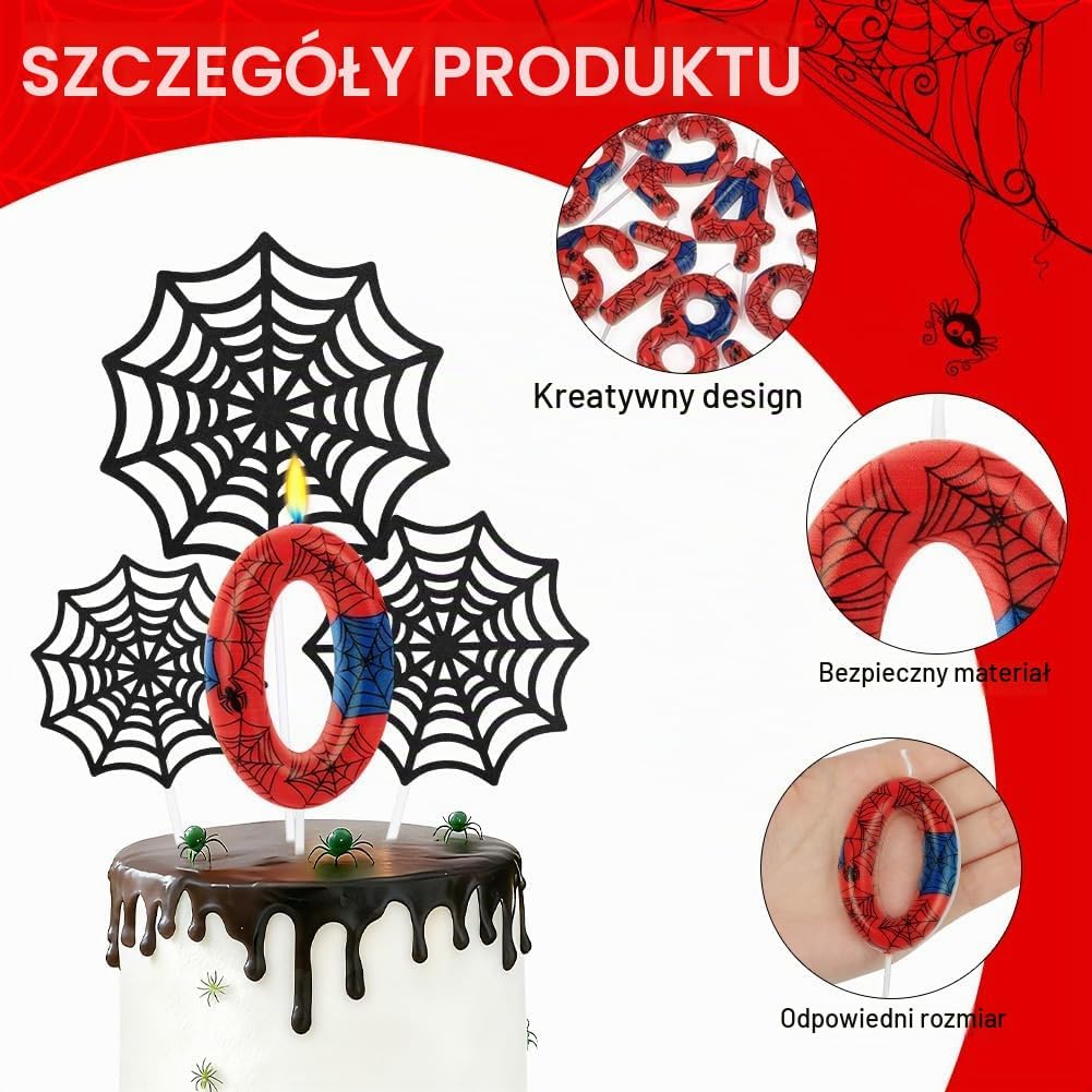 Detalle 2 de Alaoo świeczka urodzinowa z cyfrą 0, motywem pająka i ozdobami pajęczynowymi