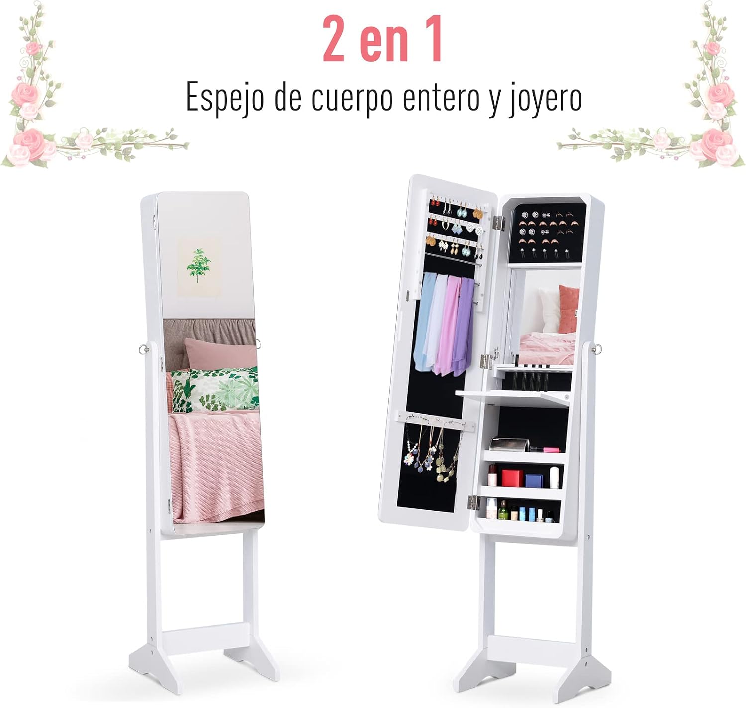 Detalle de HOMCOM joyero de pie con espejo y luces LED reclinable (30x36x146 cm) para anillos, pendientes y collares