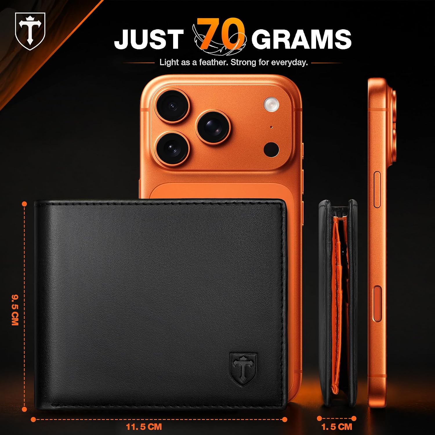 Detalle de TEEHON RFID Blocking Wallet – Slim Genuine Leather Wallet for Men UK, 11 Card Slots, 2 Note Compartments & Coin Pocket (Black & Orange)