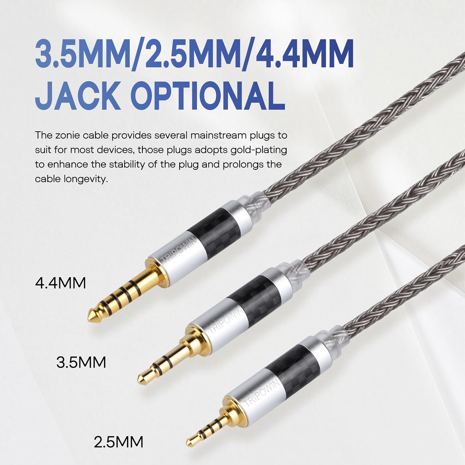 Detalle de Tripowin Zonie IEM câble SPC argenté 16 brins (1,25 m) pour écouteurs avec 2 broches 0,78 mm ou 4,4 mm