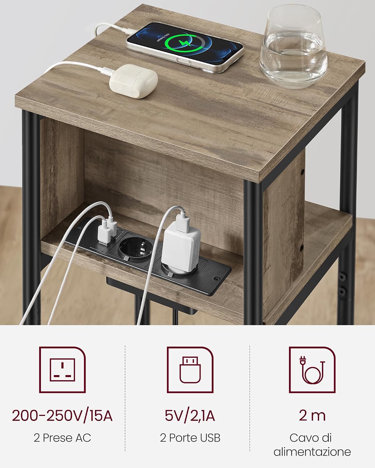 Detalle 2 de VASAGLE Tavolino con Multipresa LET375K01: comodino con prese AC e USB per soggiorno e camera da letto