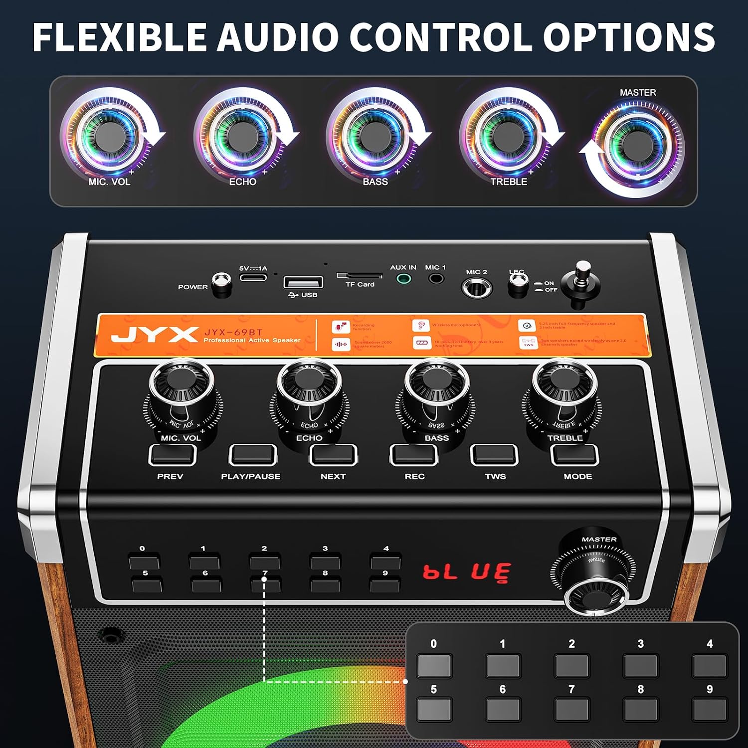 Detalle de JYX Karaoke Machine with 2 Wireless Microphones (69BT) — Portable 3D Surround Sound for Parties