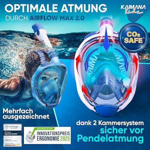 Detalle 2 de KAIMANA Schnorchelmaske Kinder – Vollgesichtsmaske inkl. Tragetasche, CO2-sicher (3–12 Jahre)