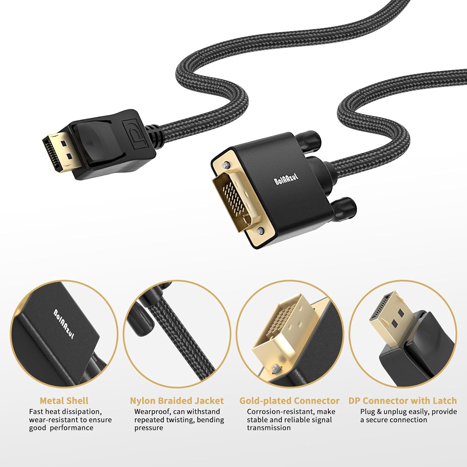 Detalle de BolAAzuL DisplayPort to DVI Adapter Cable 0.5m (DP to DVI-D), 1080p, Gold-Plated, Braided