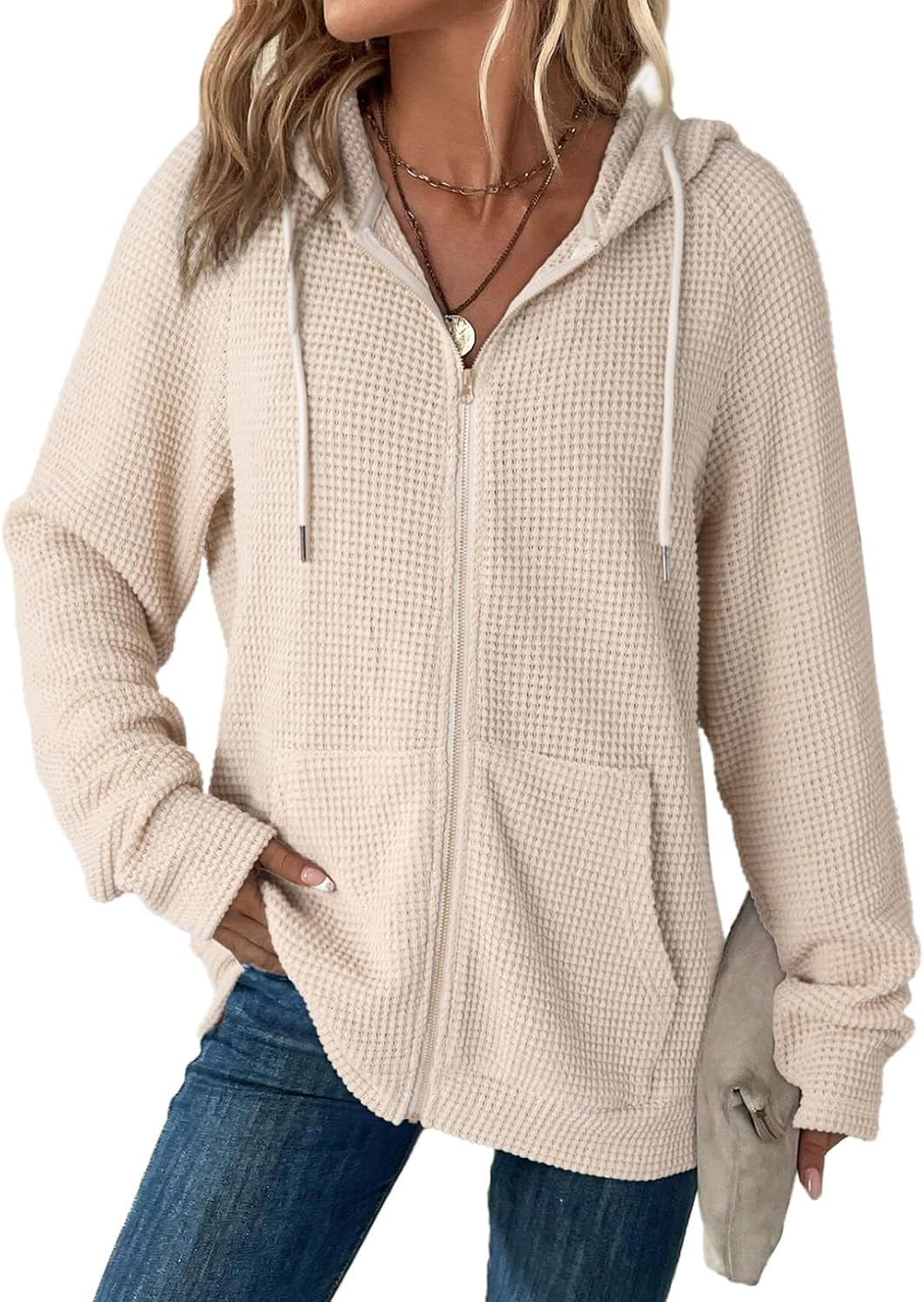 Detalle de Dokotoo Women's Full Zip Up Hoodies: Waffle Knit, Lightweight Comfort