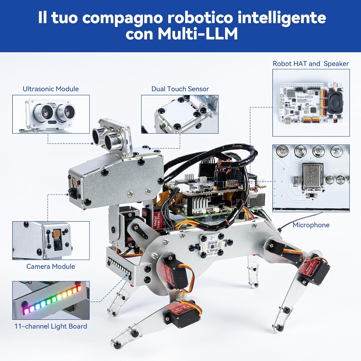 Detalle de SunFounder PiDog AI: Cane robot per Raspberry Pi 5/4/3B+/Zero 2W con multi-LLM, sensori e controllo da app