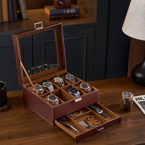Detalle de ProCase boîte à montres à 2 niveaux, 8 compartiments et tiroir, marron