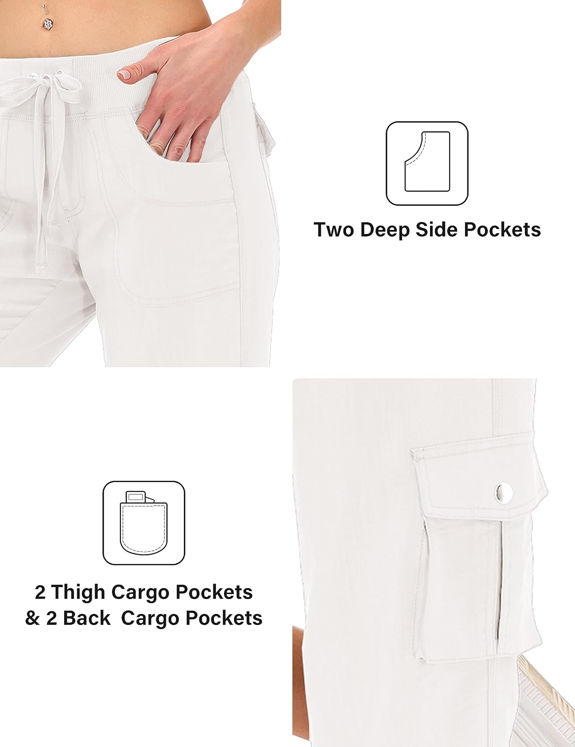 Detalle 2 de JINSHI Damen Sommer Cargohose 3/4 – Freizeithose mit Mehrfach-Taschen