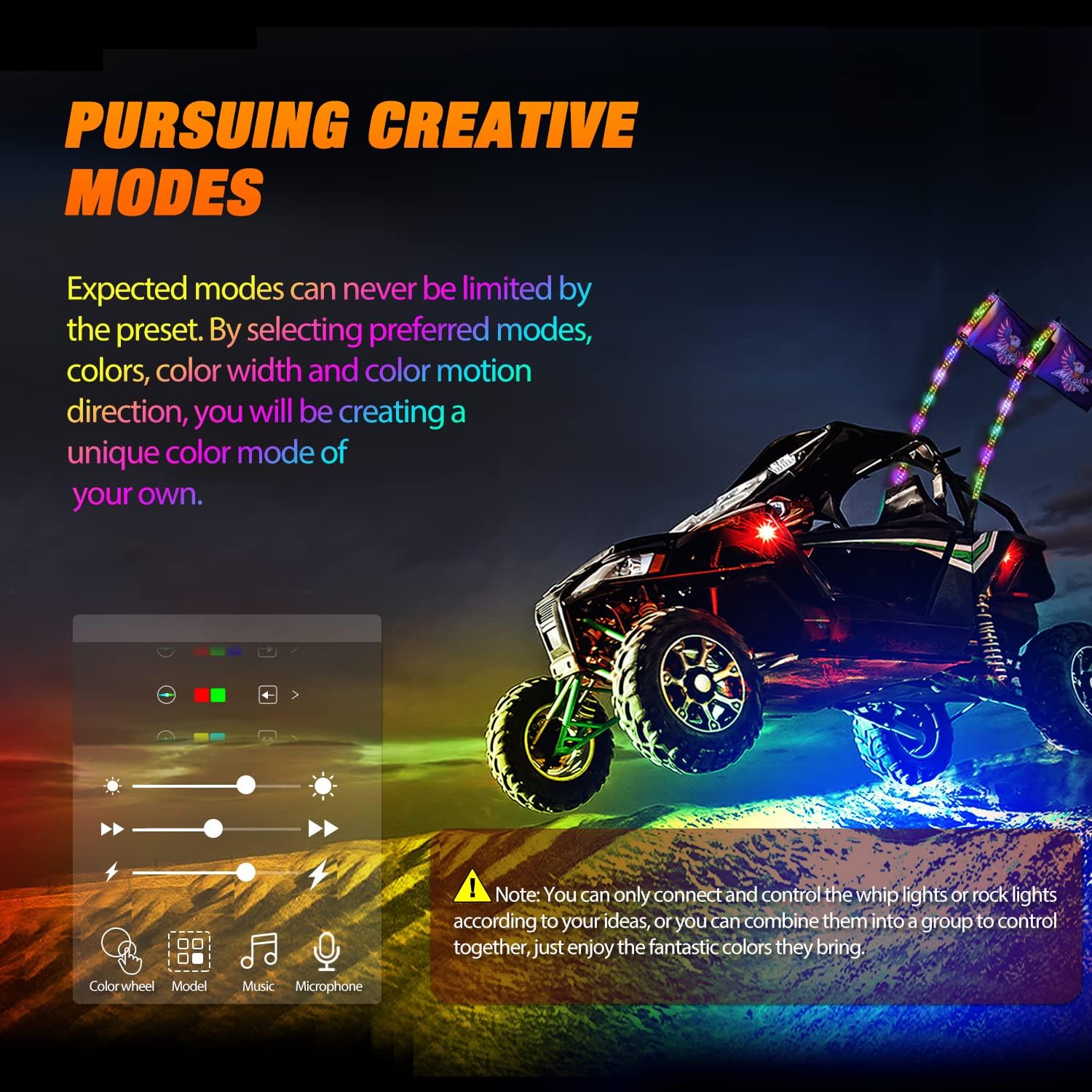 Thumbnail 3 de Nilight 2PCS 3FT RGB LED Whip Light & 4 Rock Lights Combo with Bluetooth App & RF Remote