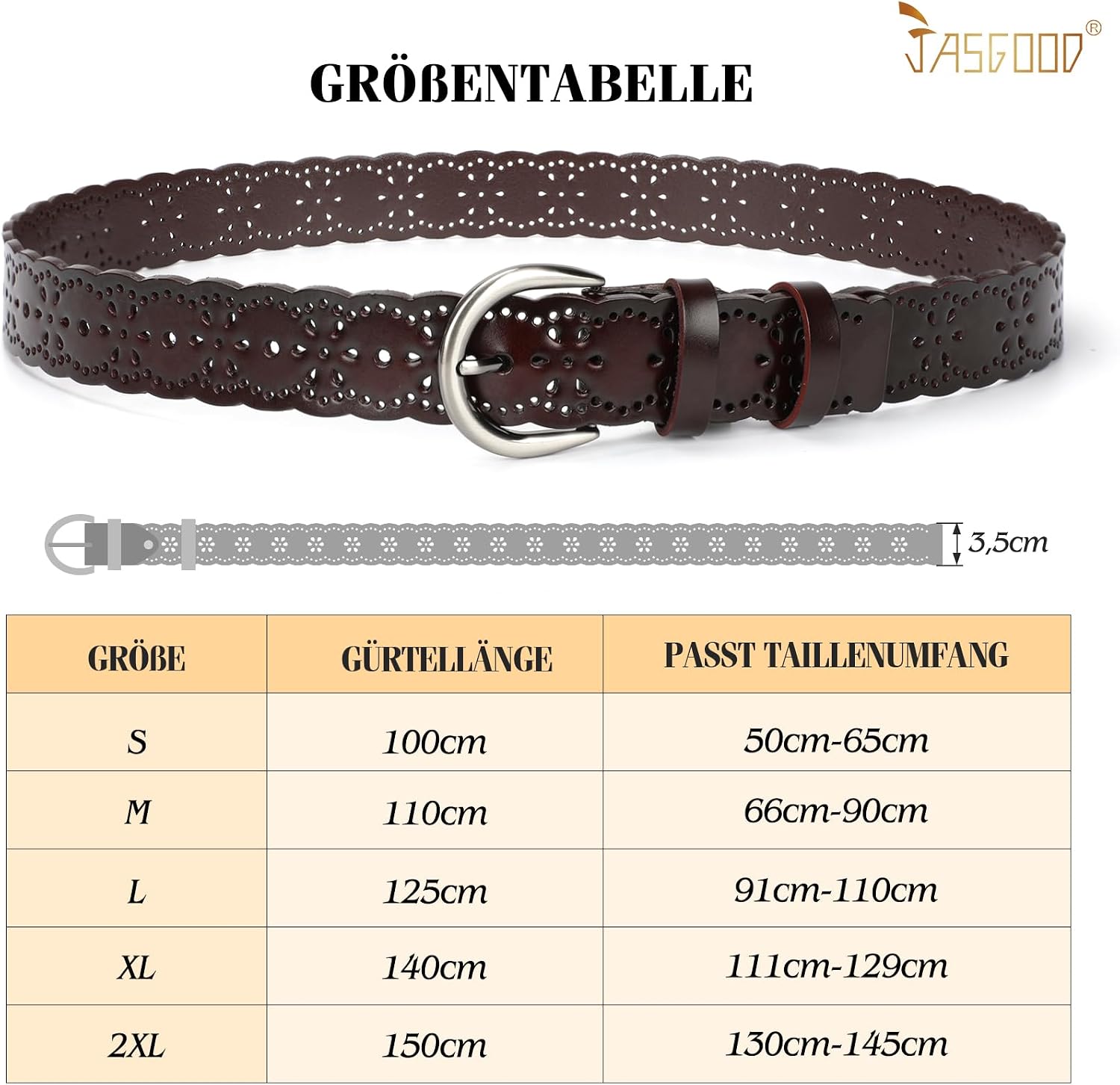 Detalle de JasGood Damen Ledergürtel mit hohlem Blumendesign – Dornschließe, 5 Größen, 4 Farben
