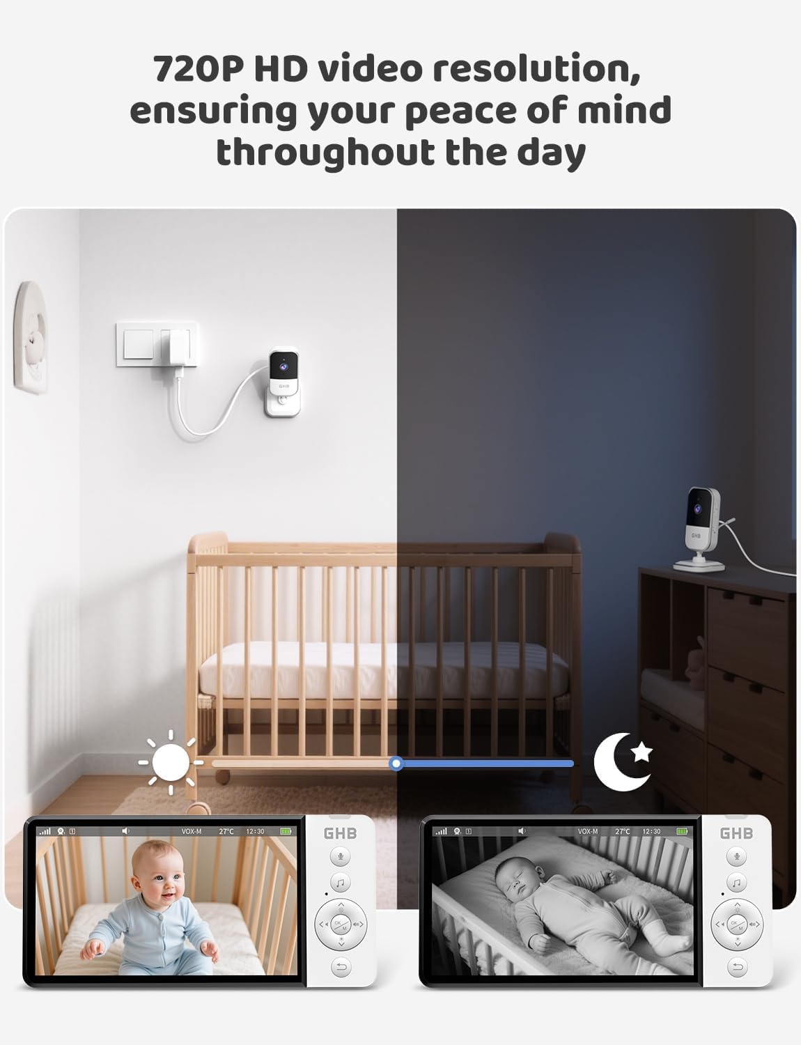 Thumbnail 1 de GHB Baby Monitor with Camera and Night Vision – 5'' 720P HD, VOX, 2-Way Audio, No App or Wi‑Fi