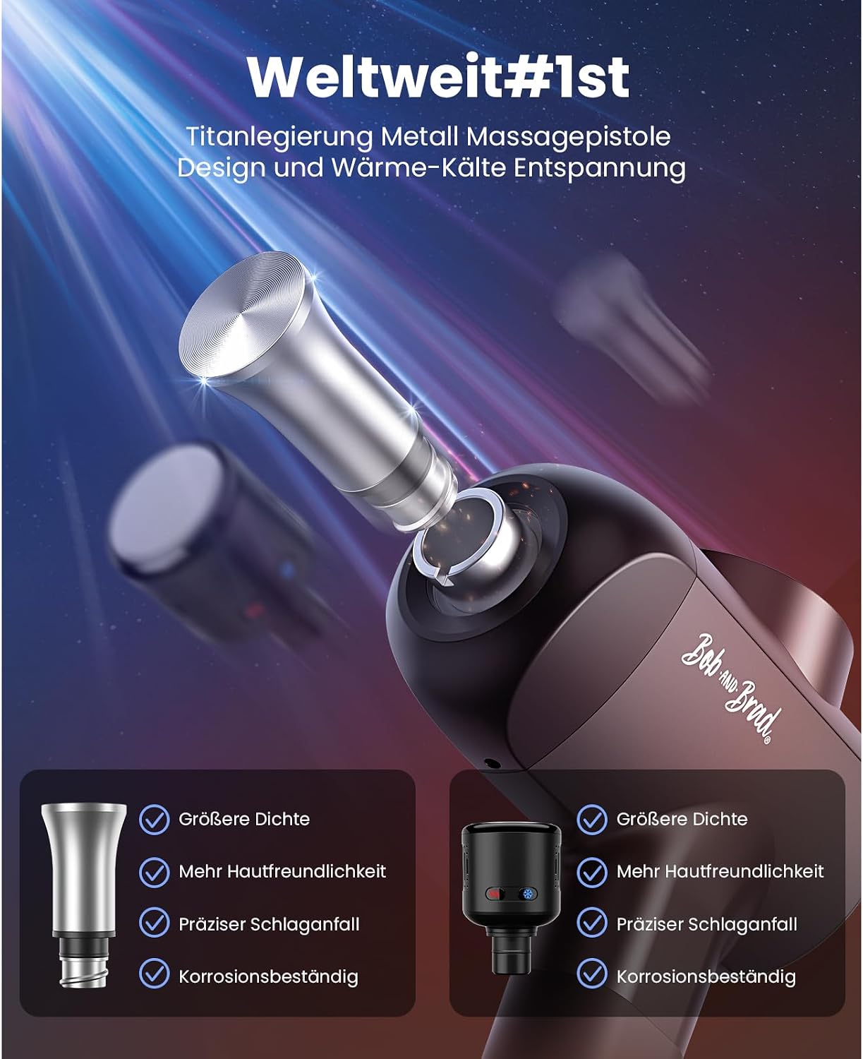 Detalle de BOB AND BRAD X6 Ultra Massagepistole mit Infrarotlicht & Wärme – Profi Tiefengewebe-Muskelmassagegerät mit Titan-Kopf und 6 Aufsätzen
