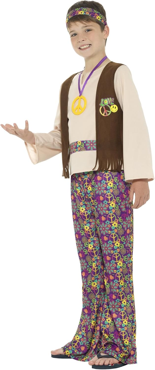 Detalle 2 de Smiffys Hippie Boy Kostüm - Kinder Größe M (7–9 Jahre) mit Oberteil, Weste, Hose, Medaillon & Stirnband