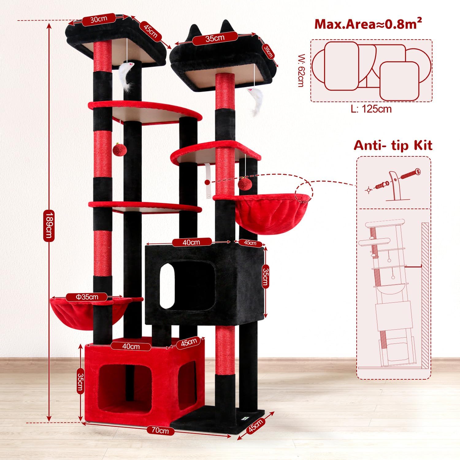 Thumbnail 1 de Globlazer Arbre à chat XXL Gothique noir & rouge, 189 cm, pour 3 à 5 grands chats