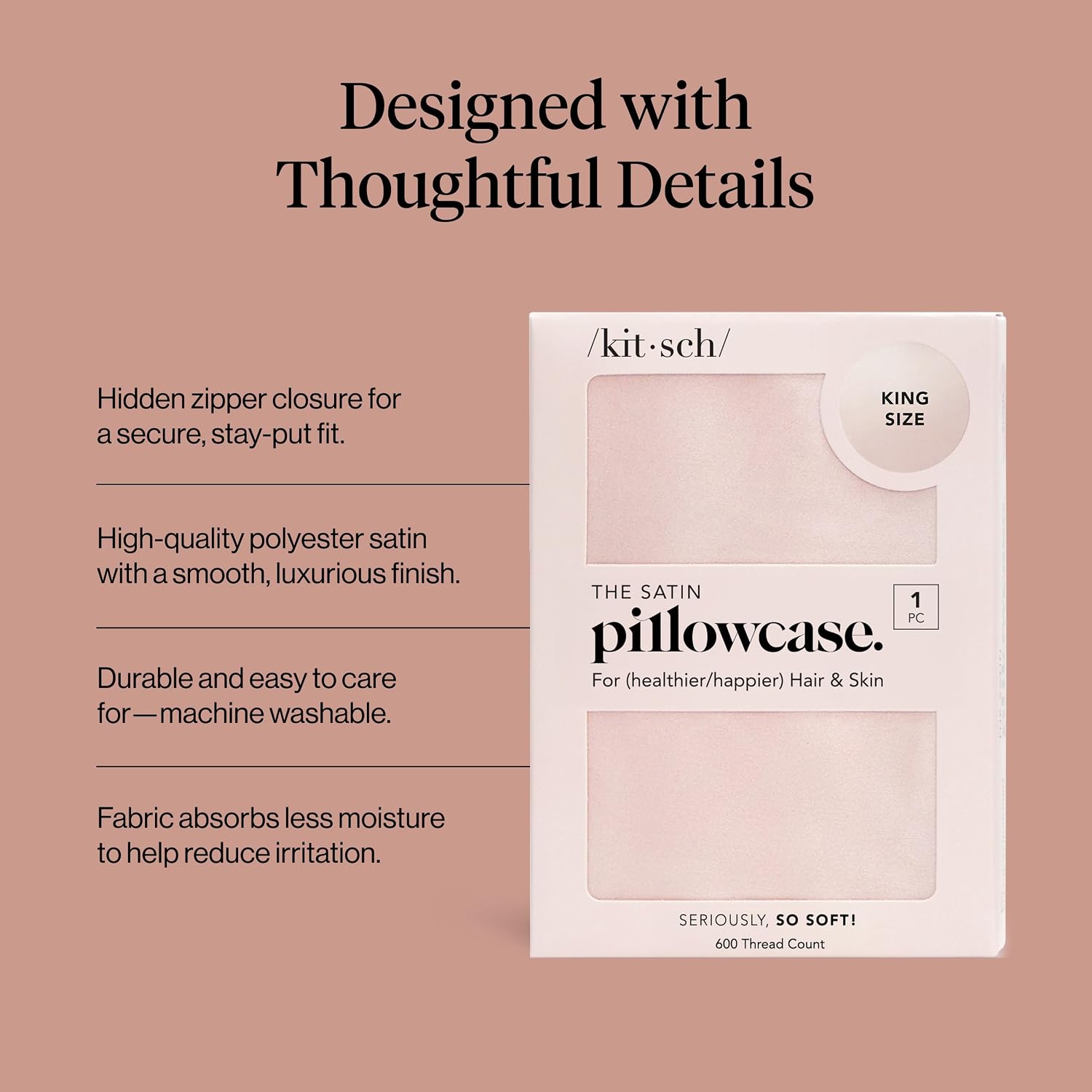 Detalle de Kitsch 62293 King Satin Pillowcase with Zipper, Blush