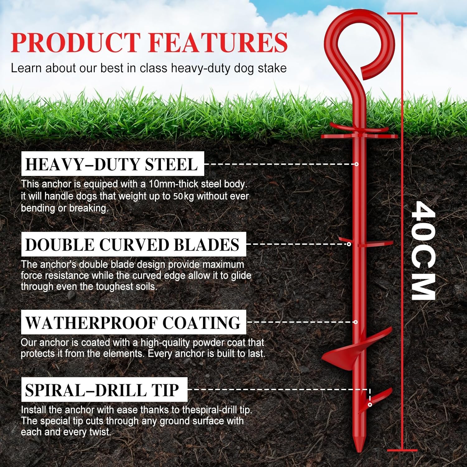 Thumbnail 1 de Chuiendi Dog Tie Out Stake – 40cm heavy duty 360° swivel ground anchor for yards, beach & camping