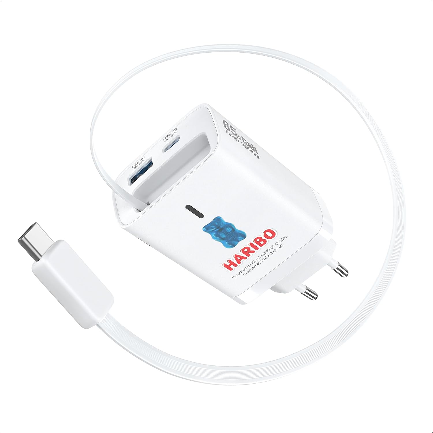 Detalle de HARIBO 65W USB-C Ladegerät mit 85 cm Einziehbarem Kabel – 3-Port GaN Netzteil PD QC PPS