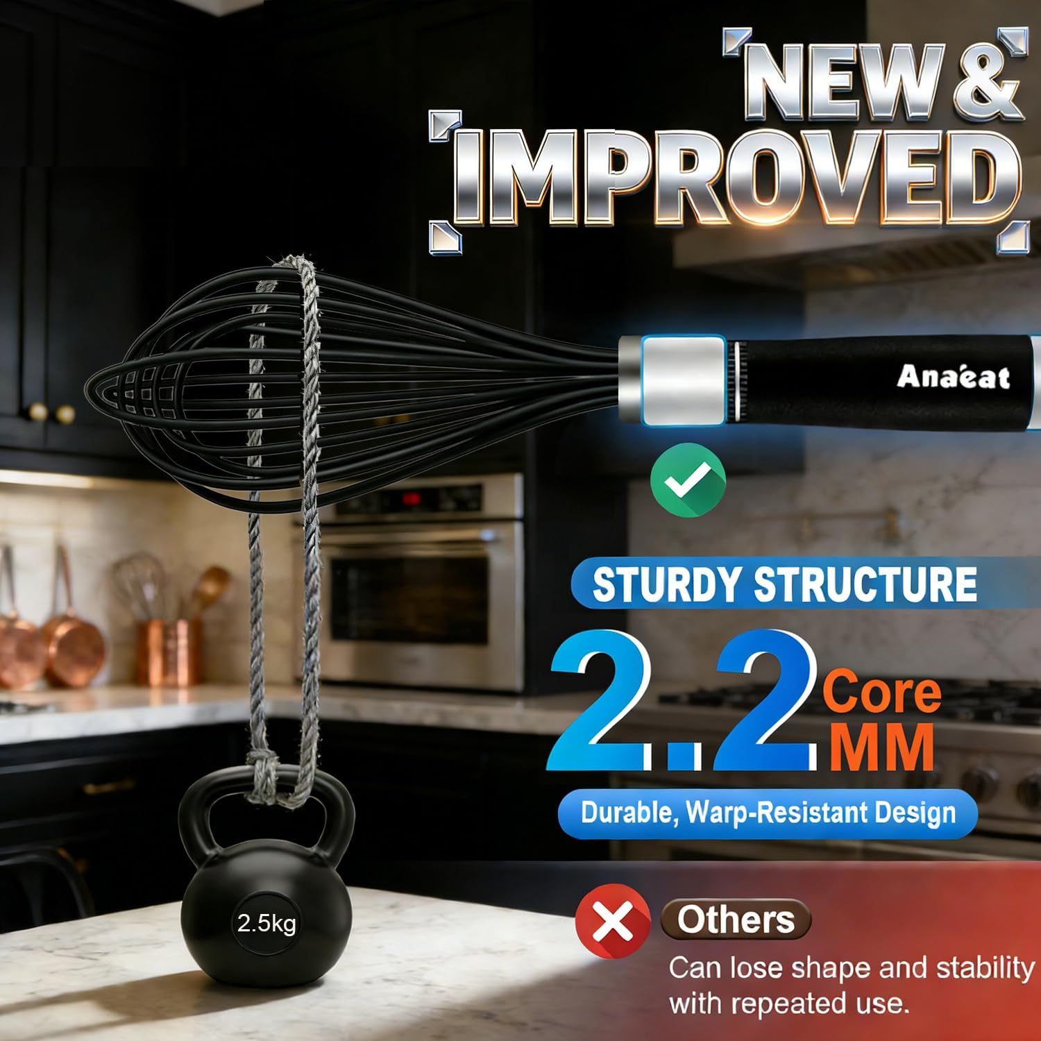 Thumbnail 5 de Anaeat Silicone Balloon Whisk Set (Black) – heat-resistant non-stick compatible milk, egg and batter whisk